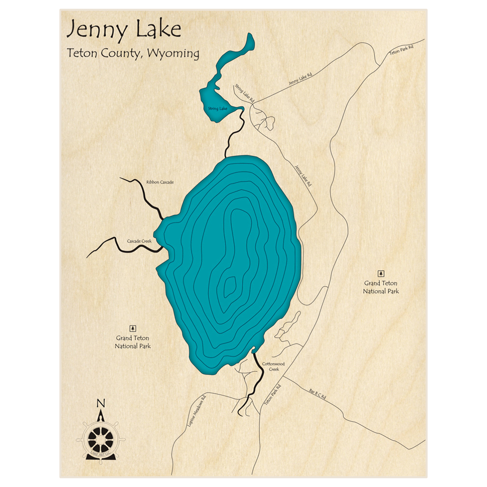 Bathymetric topo map of Jenny Lake  with roads, towns and depths noted in blue water