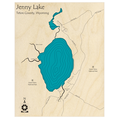 Bathymetric topo map of Jenny Lake  with roads, towns and depths noted in blue water