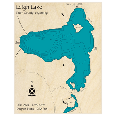 Bathymetric topo map of Leigh Lake with roads, towns and depths noted in blue water