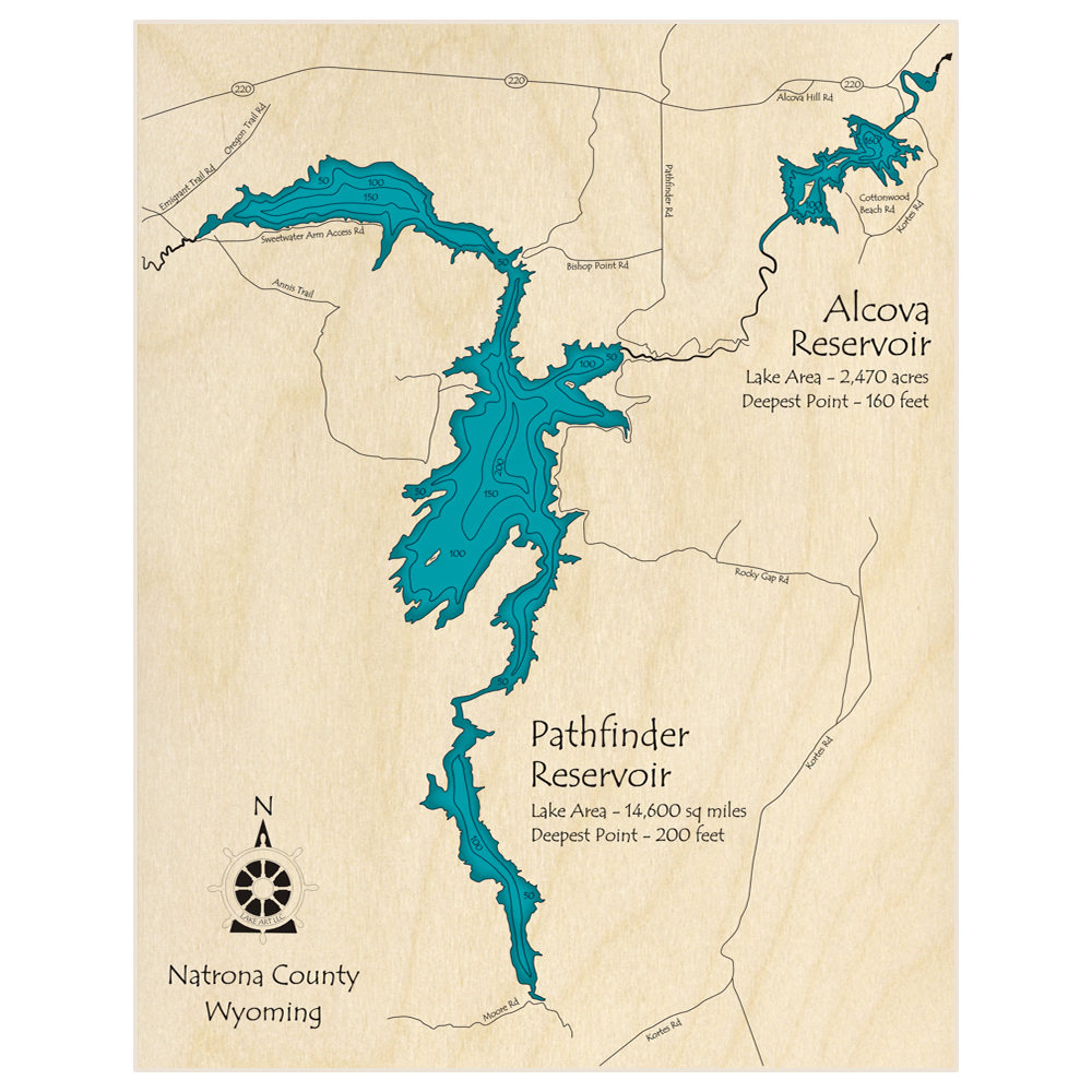 Bathymetric topo map of Pathfinder Reservoir (With Alcova Reservoir) with roads, towns and depths noted in blue water
