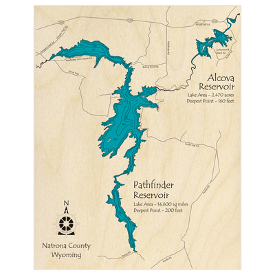 Bathymetric topo map of Pathfinder Reservoir (With Alcova Reservoir) with roads, towns and depths noted in blue water