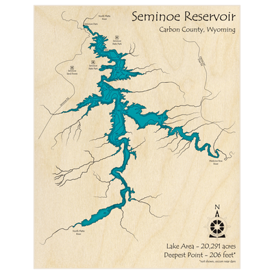Bathymetric topo map of Seminoe Reservoir with roads, towns and depths noted in blue water