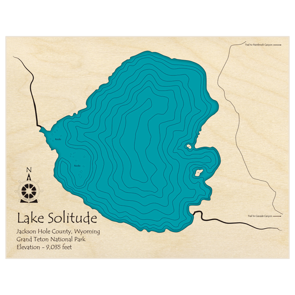 Bathymetric topo map of Lake Solitude with roads, towns and depths noted in blue water