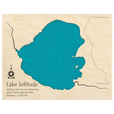 Bathymetric topo map of Lake Solitude with roads, towns and depths noted in blue water