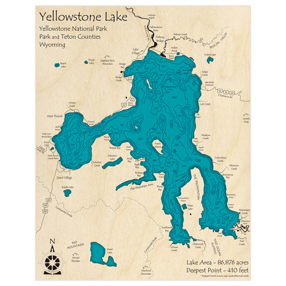 Bathymetric topo map of Yellowstone Lake with roads, towns and depths noted in blue water