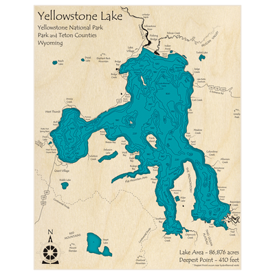 Bathymetric topo map of Yellowstone Lake with roads, towns and depths noted in blue water