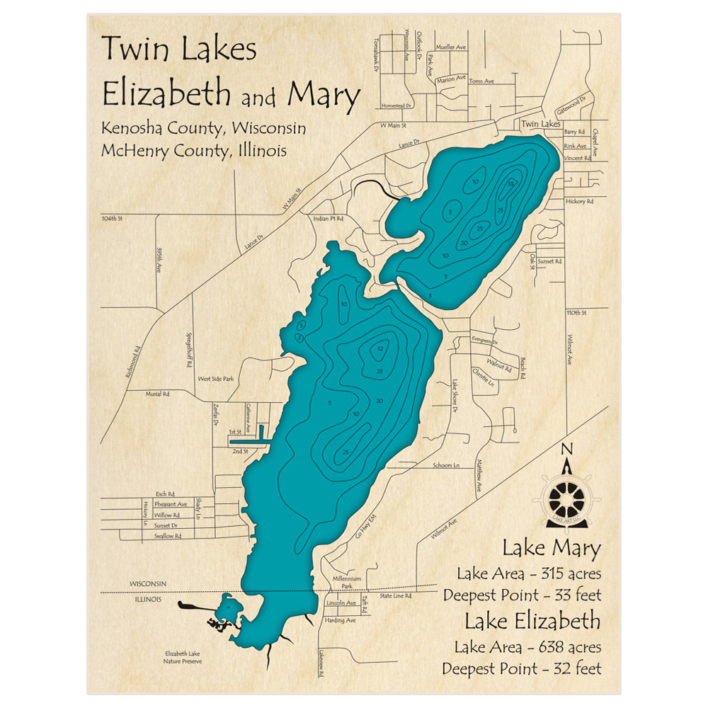 Bathymetric topo map of Lakes Elizabeth and Mary (Twin Lakes) with roads, towns and depths noted in blue water