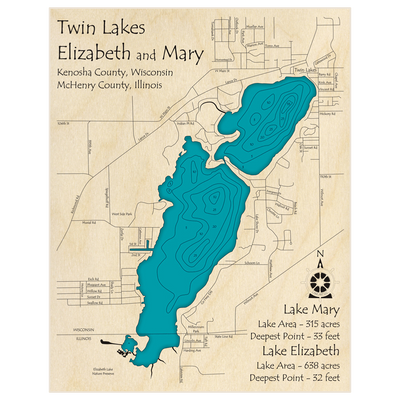 Bathymetric topo map of Lakes Elizabeth and Mary (Twin Lakes) with roads, towns and depths noted in blue water